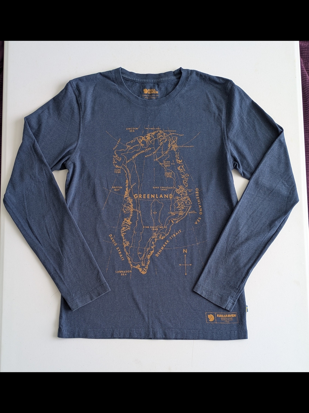 Fjallraven Navy Long Sleeve Tee with Copper Greenland Map Print